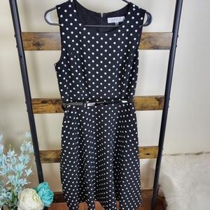 Kasper black white polka dot belted fit and flare dress size 4 vintage inspired